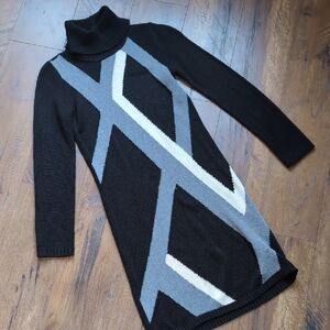 Elegant Black and Gray Turtleneck Sweater Dress